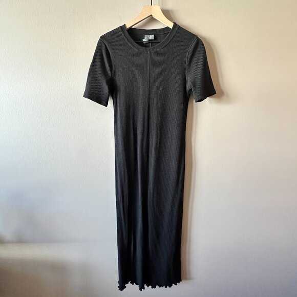 Women's 8 Sweaty Betty Black Ribbed Midi Dress Slim Fit Pleated Lettuce Hem - Picture 5 of 11